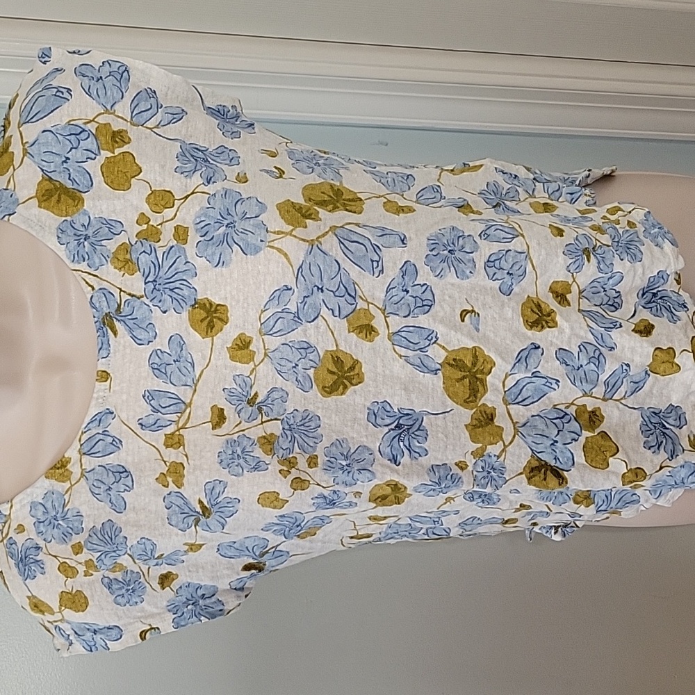 Joie Linen Floral Tank Top Cap Sleeve Blue and Gold Sz Small